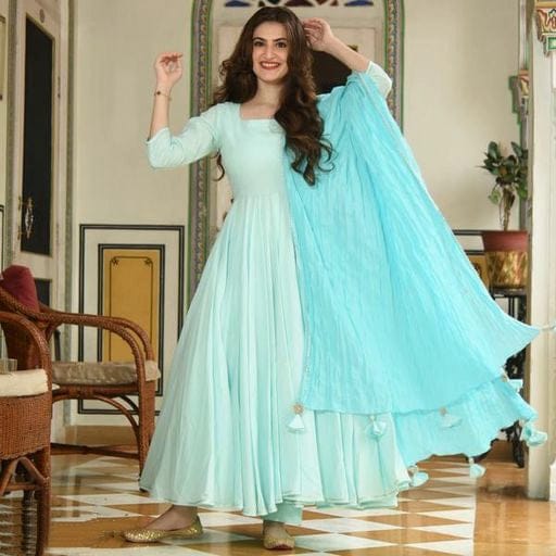 Women Aqua Anarkali Kurta Set with Dupatta