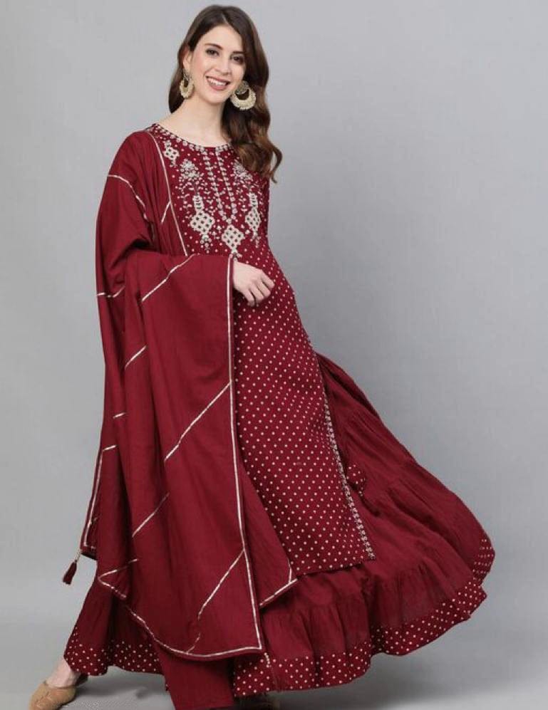 Women's Maroon Kurta Set with Dupatta