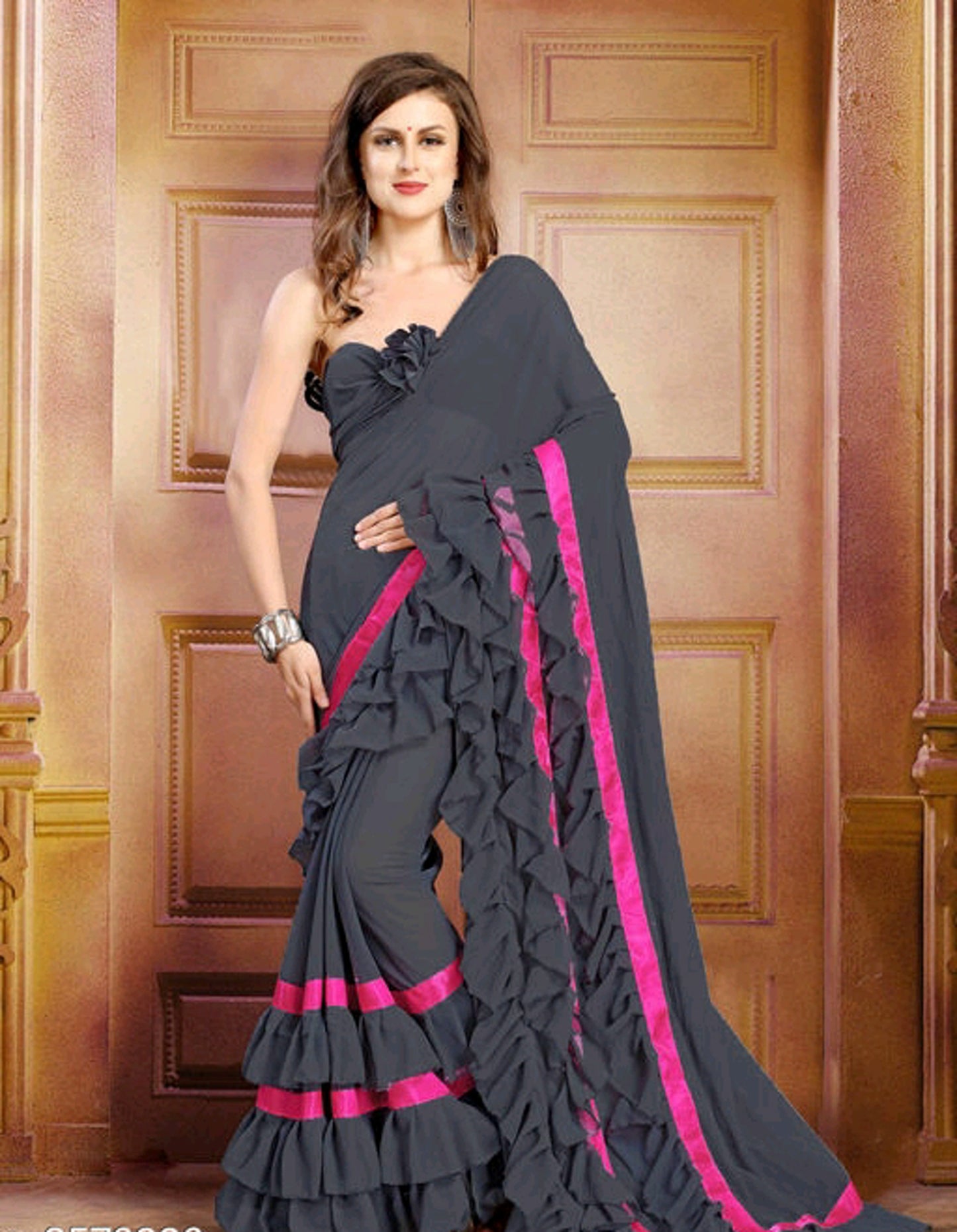 Designer Solid Ruffled Georgette Black Saree