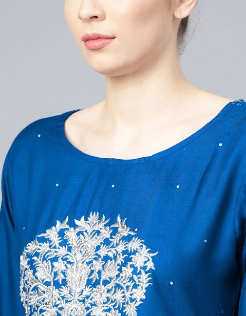 Women's Printed Blue Rayon Kurta Set with Palazzos