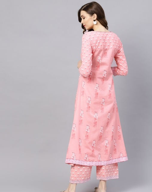Women's Printed Peach Cotton Kurta Set with Palazzos