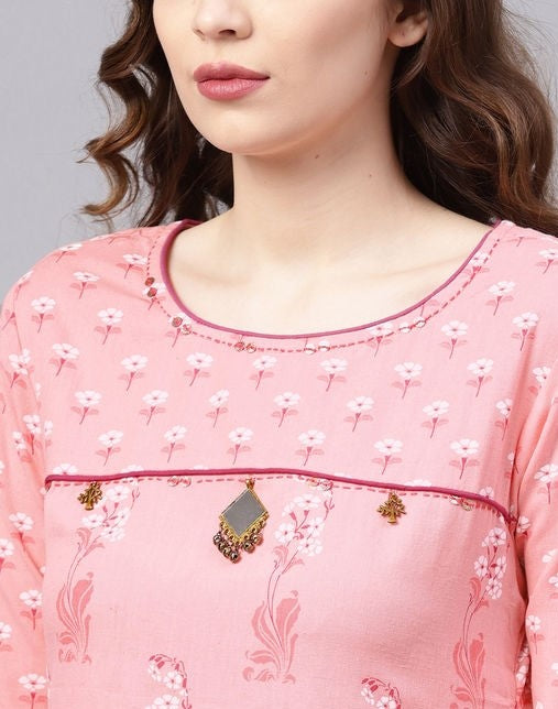 Women's Printed Peach Cotton Kurta Set with Palazzos