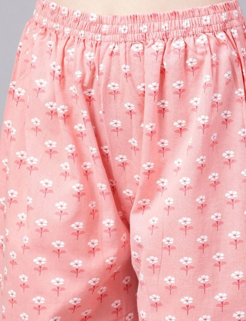 Women's Printed Peach Cotton Kurta Set with Palazzos