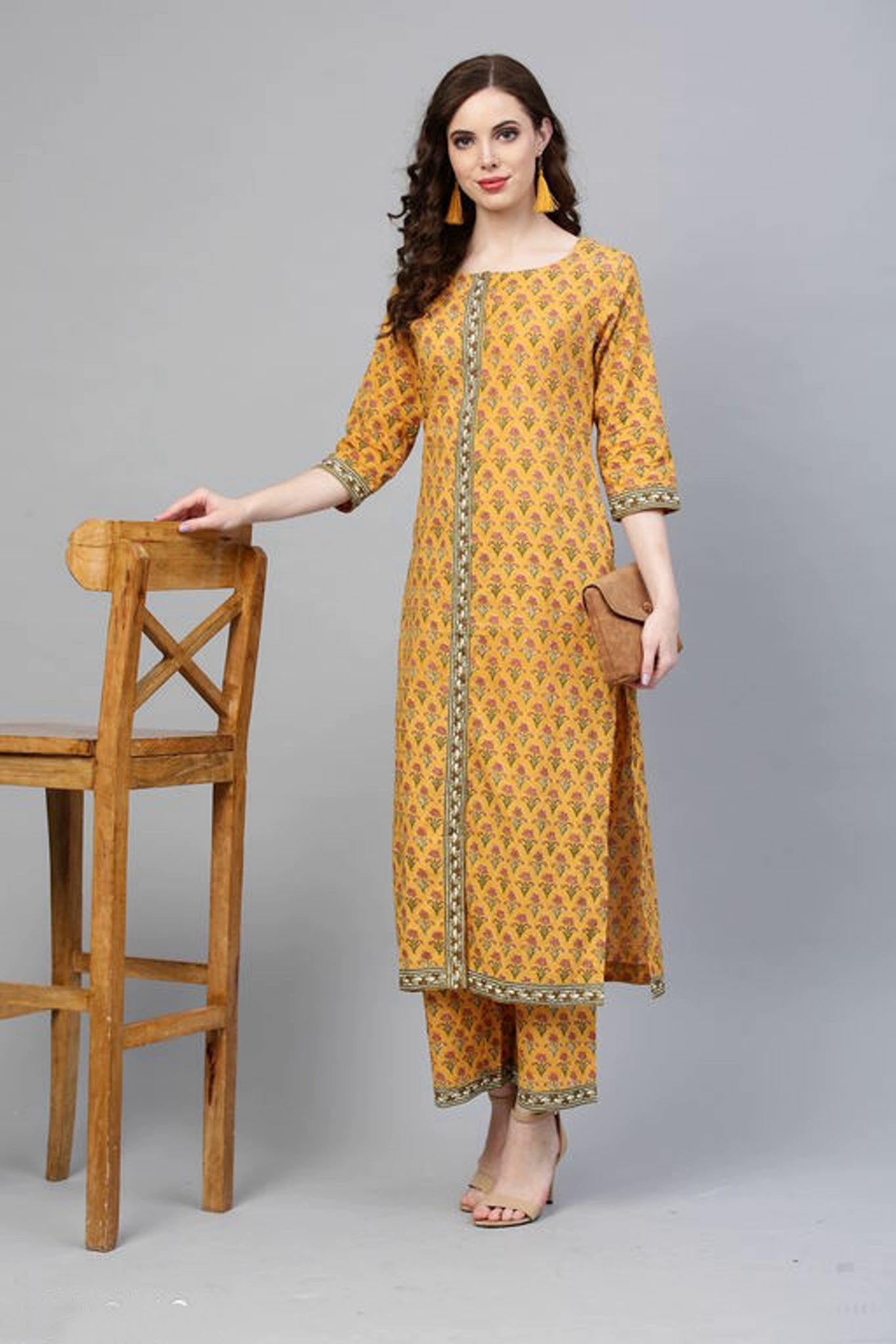 Women Yellow Coloured Block Printed Kurta with Trousers