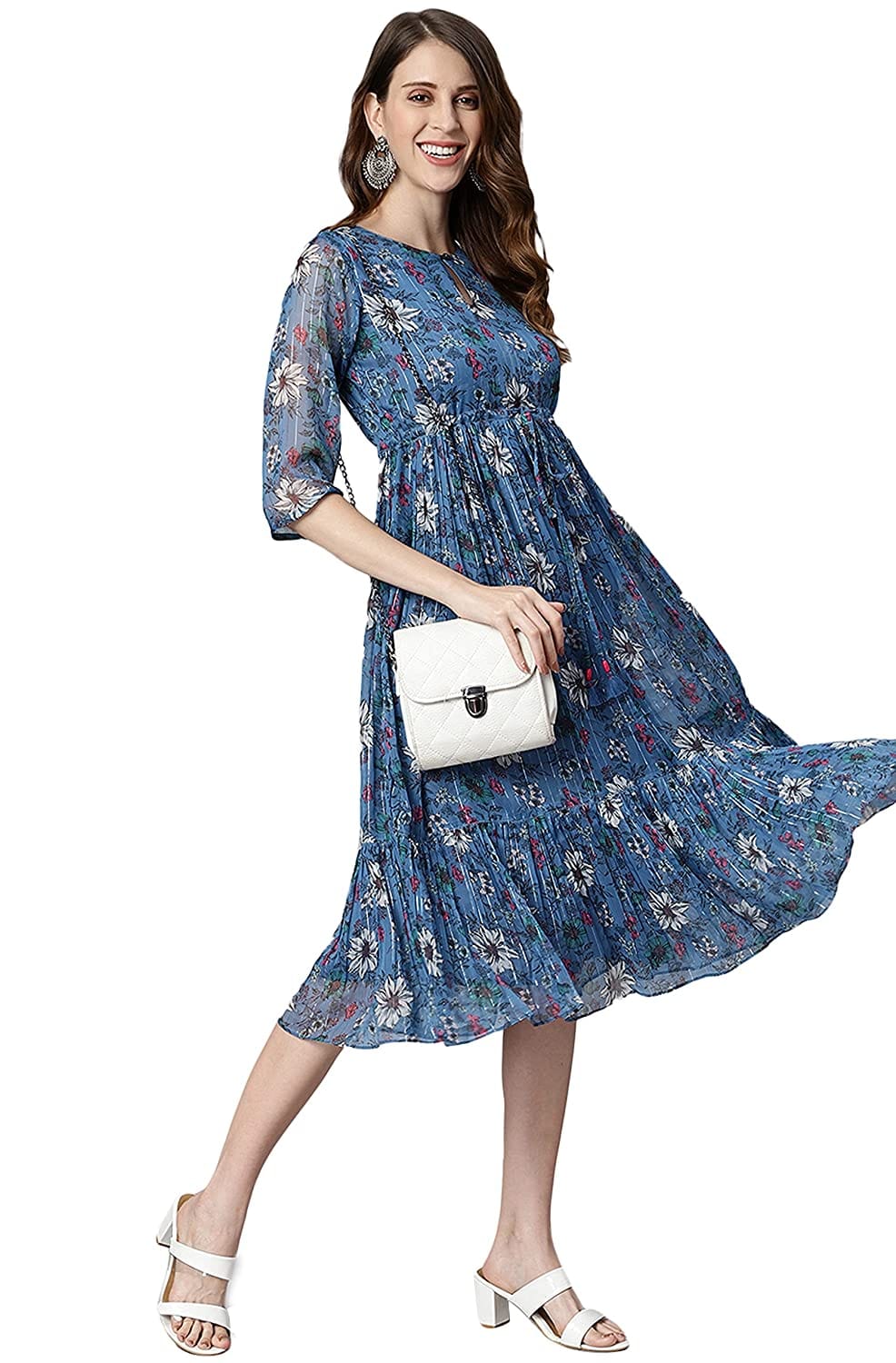 Urban Wardrobe Blue Floral A Line  Midi Dress