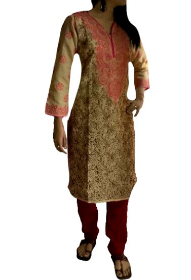Runjhun Cream Fully Embroidered Lucknowi Cotton Chikan Kurti