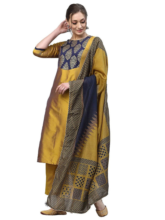 Women's Silk Woven Straight Kurta Set with Dupatta