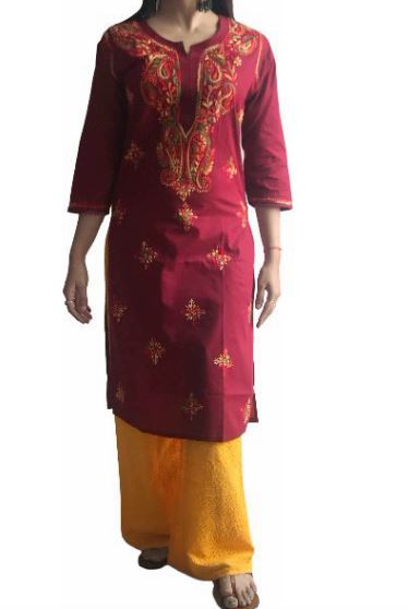Runjhun Maroon Multicoloured Lucknowi Cotton Chikan Kurti