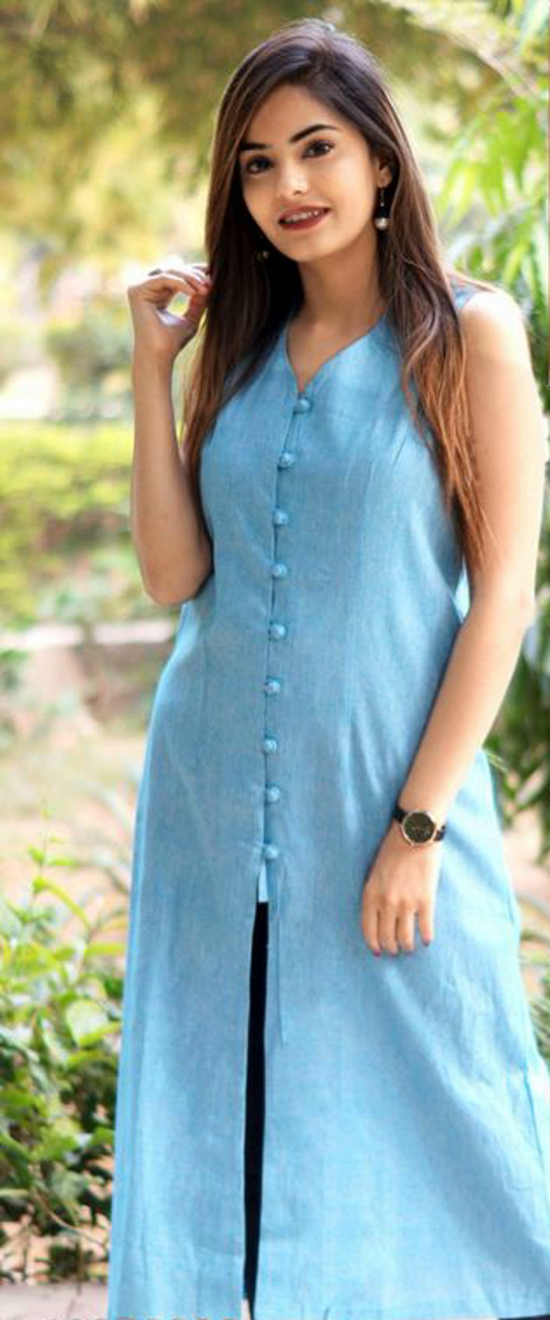 Women's Blue Khadi Cotton Sleeveless Kurta