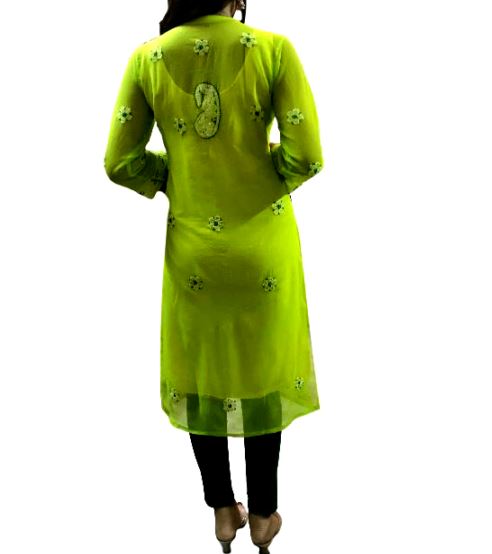Runjhun Green Lucknowi Chicken Chiffon Kurti