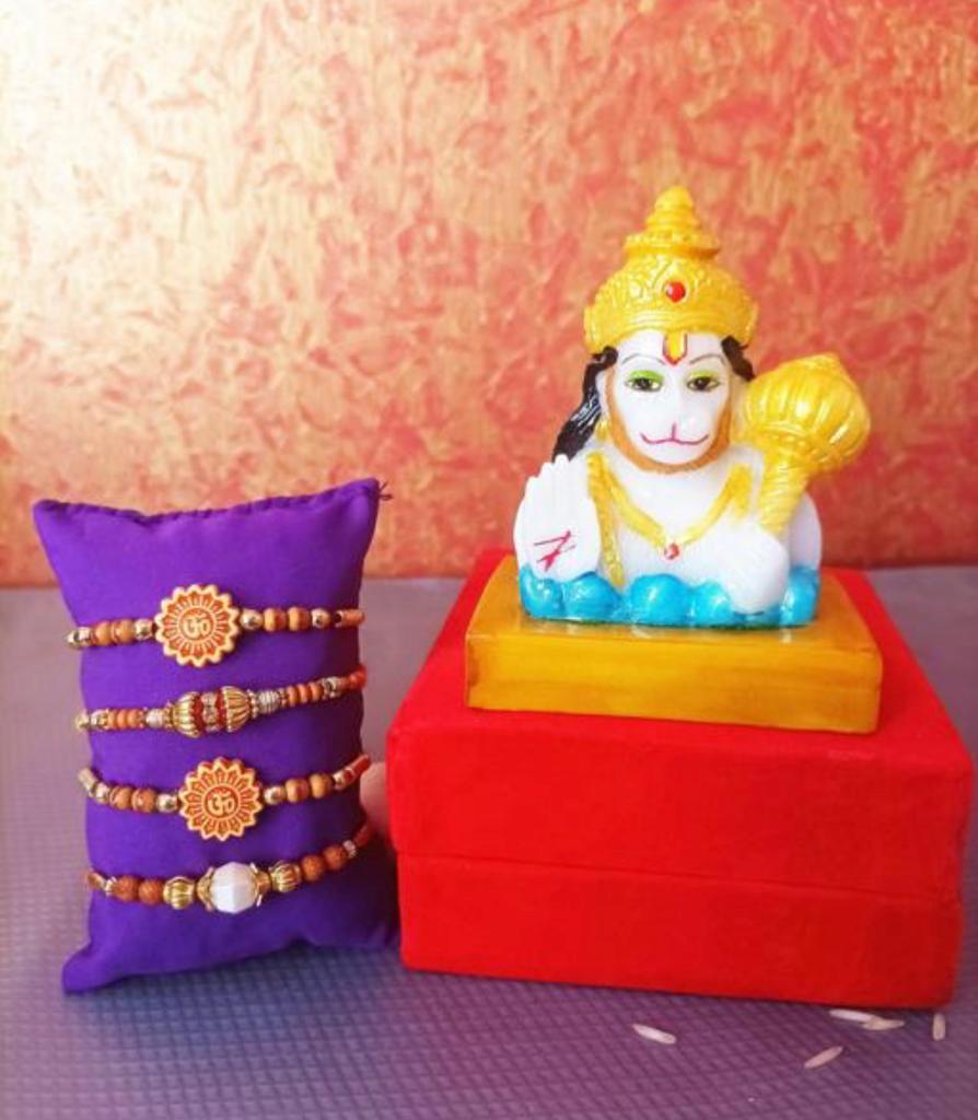 Designer Rakhi Set of 4 with Hanuman Statue