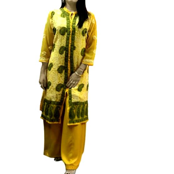 Runjhun Yellow Lucknowi Chicken Chiffon Kurti