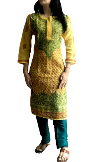 Runjhun Green and Yellow Fully Embroidered Lucknowi Cotton Chickan Kurti