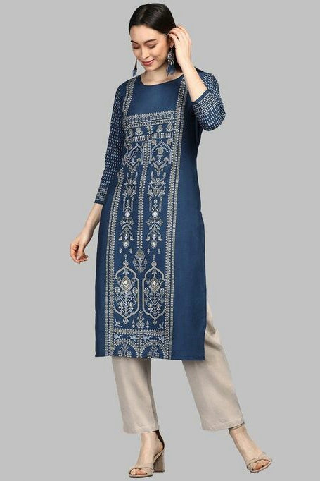 Block Printed Straight Navy Blue Kurta