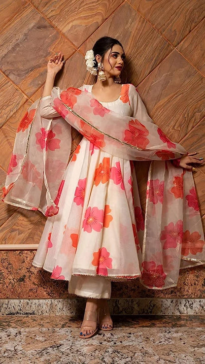 Chanderi Cotton  Printed Anarkali Kurta Set