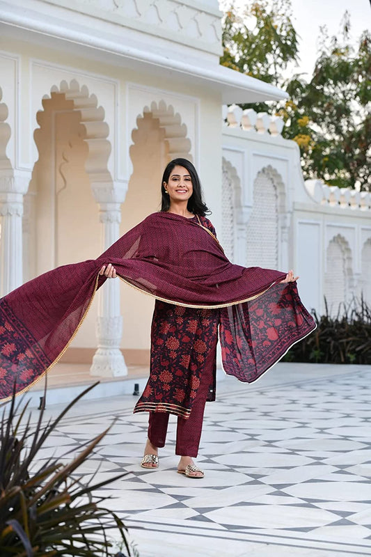 Maroon Cotton Kurta Set