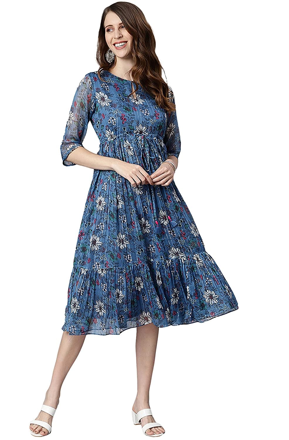 Urban Wardrobe Blue Floral A Line  Midi Dress