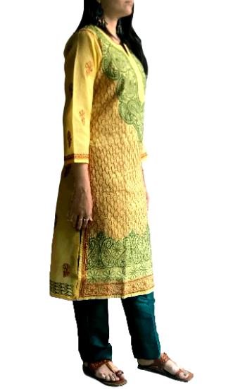 Runjhun Green and Yellow Fully Embroidered Lucknowi Cotton Chickan Kurti