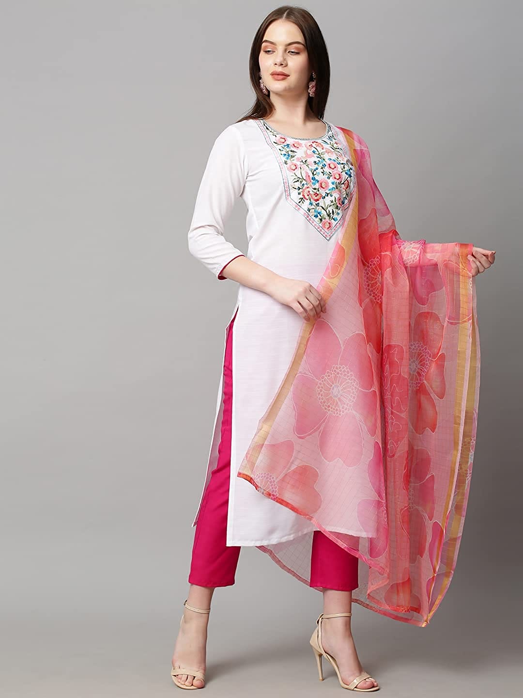 Women's Cotton Blend Solid Straight Kurta with Pant & with Dupatta