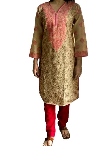 Runjhun Cream Fully Embroidered Lucknowi Cotton Chikan Kurti