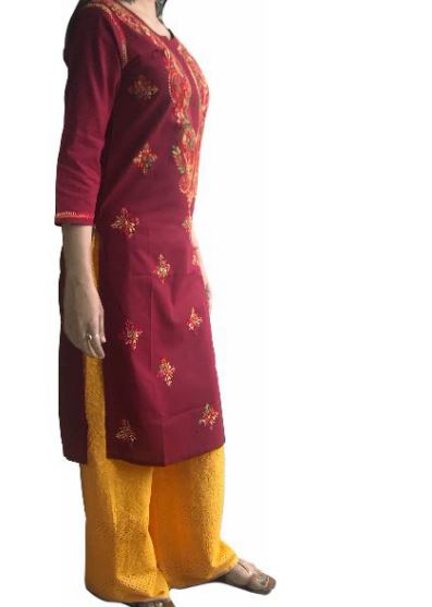 Runjhun Maroon Multicoloured Lucknowi Cotton Chikan Kurti