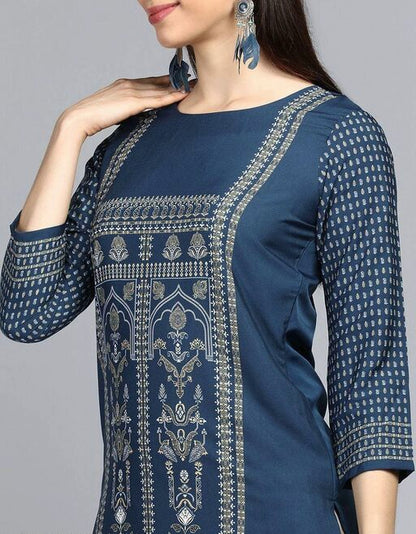 Block Printed Straight Navy Blue Kurta