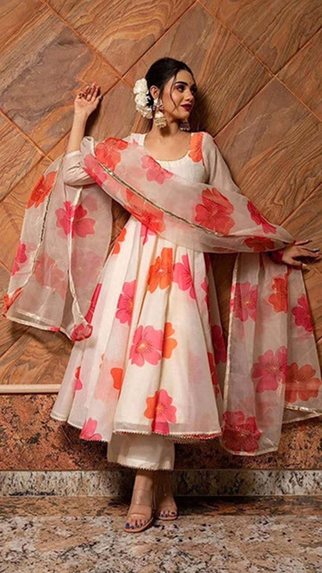 Chanderi Cotton  Printed Anarkali Kurta Set