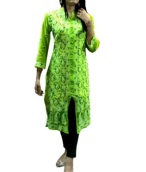 Runjhun Green Lucknowi Chicken Chiffon Kurti
