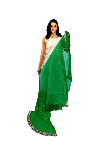 Runjhun Designer Chiffon Green and Golden Dupatta