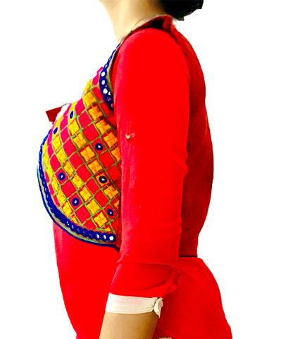 Runjhun Ethnic Red Chequered Mirror Koti