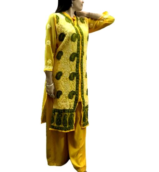 Runjhun Yellow Lucknowi Chicken Chiffon Kurti