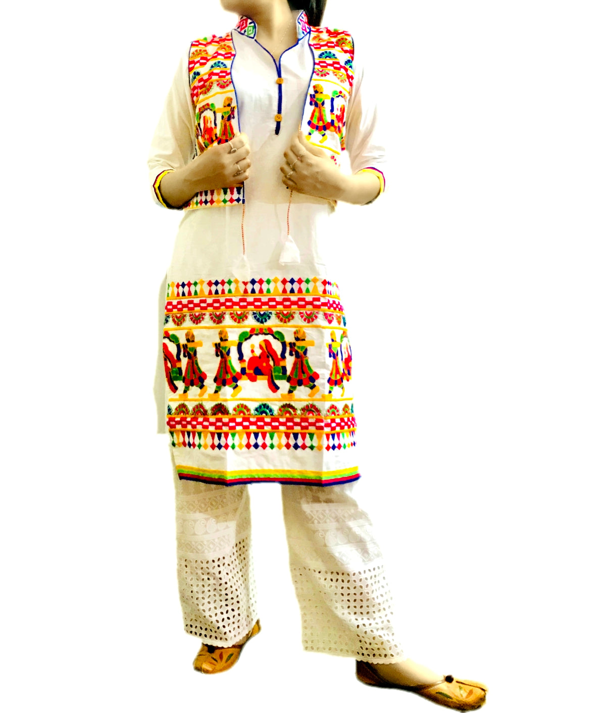 Runjhun Designer White Gujarati Kurta with Koti