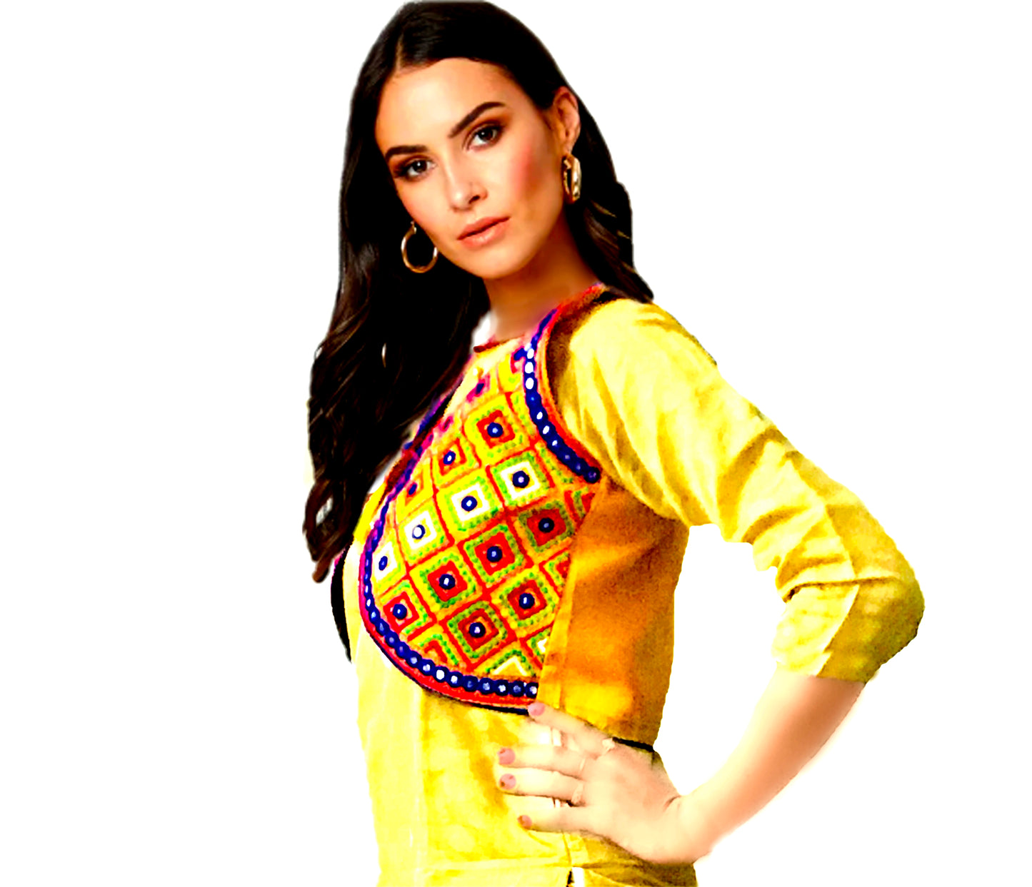 Runjhun Yellow Embroidered Barfi Mirror Koti