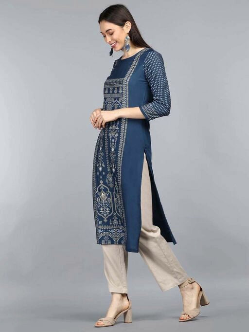 Block Printed Straight Navy Blue Kurta