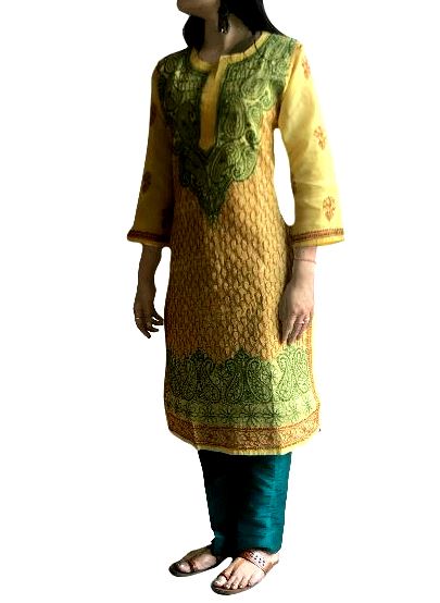 Runjhun Green and Yellow Fully Embroidered Lucknowi Cotton Chickan Kurti