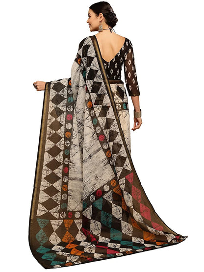 Urban Wardrobe Printed Black and Cream Cotton Saree