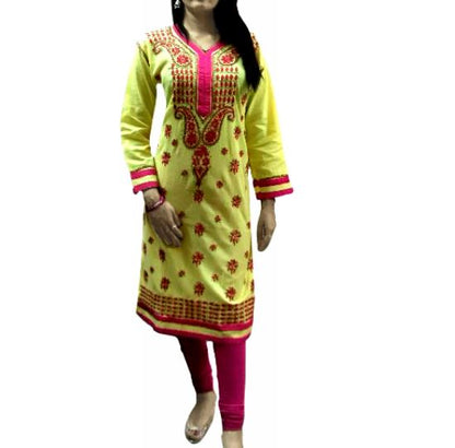 Runjhun Yellow and Pink Lucknowi Cotton Chicken Kurti