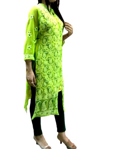 Runjhun Green Lucknowi Chicken Chiffon Kurti