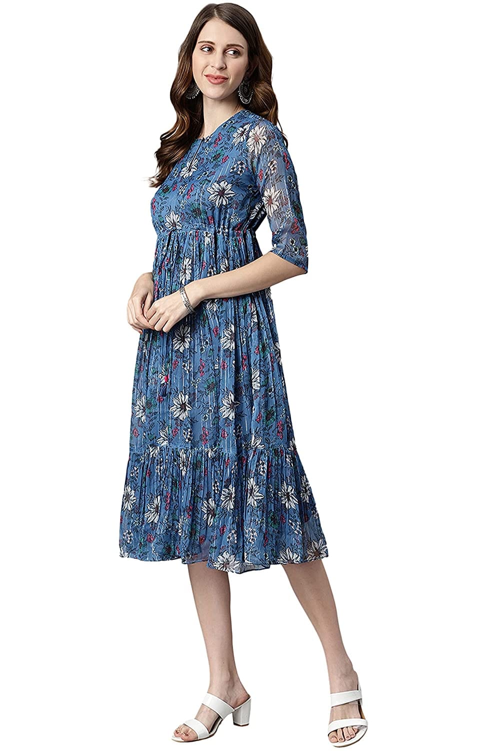 Urban Wardrobe Blue Floral A Line  Midi Dress