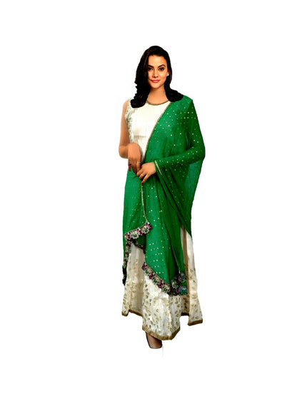 Runjhun Designer Chiffon Green and Golden Dupatta