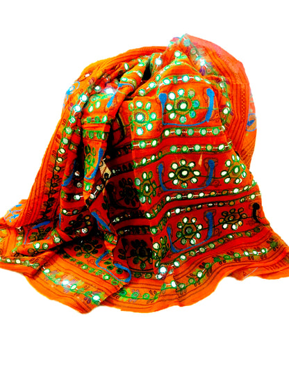 Runjhun Designer Resham Embroidered Cotton Dupatta (Orange)