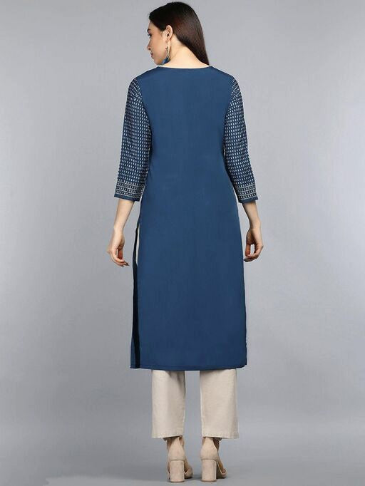 Block Printed Straight Navy Blue Kurta