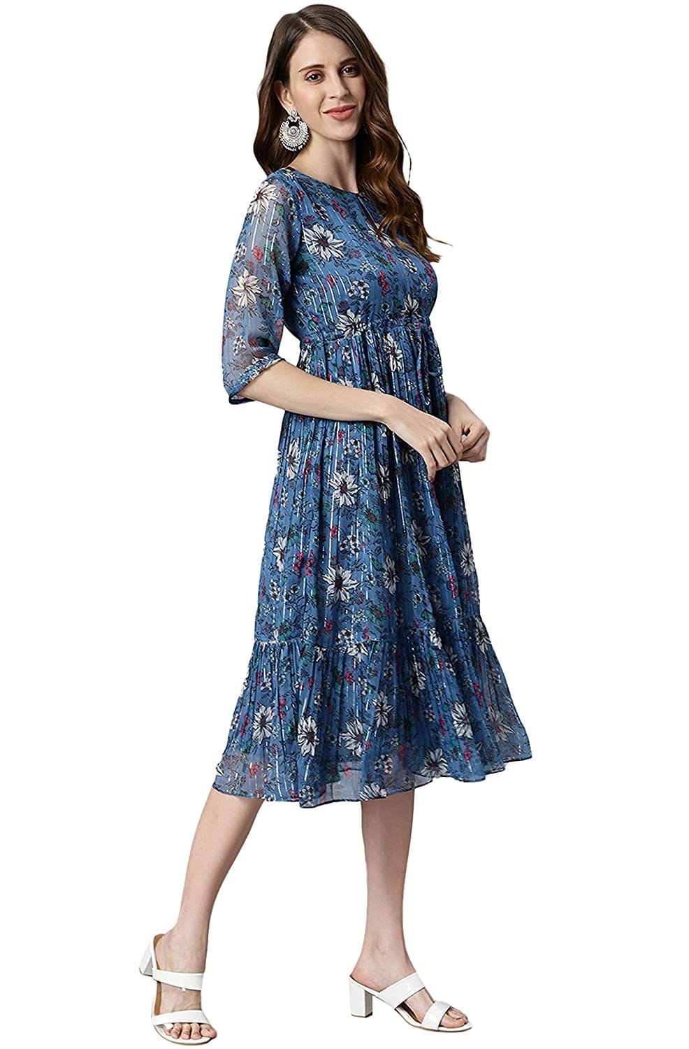 Urban Wardrobe Blue Floral A Line  Midi Dress