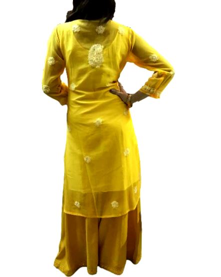 Runjhun Yellow Lucknowi Chicken Chiffon Kurti