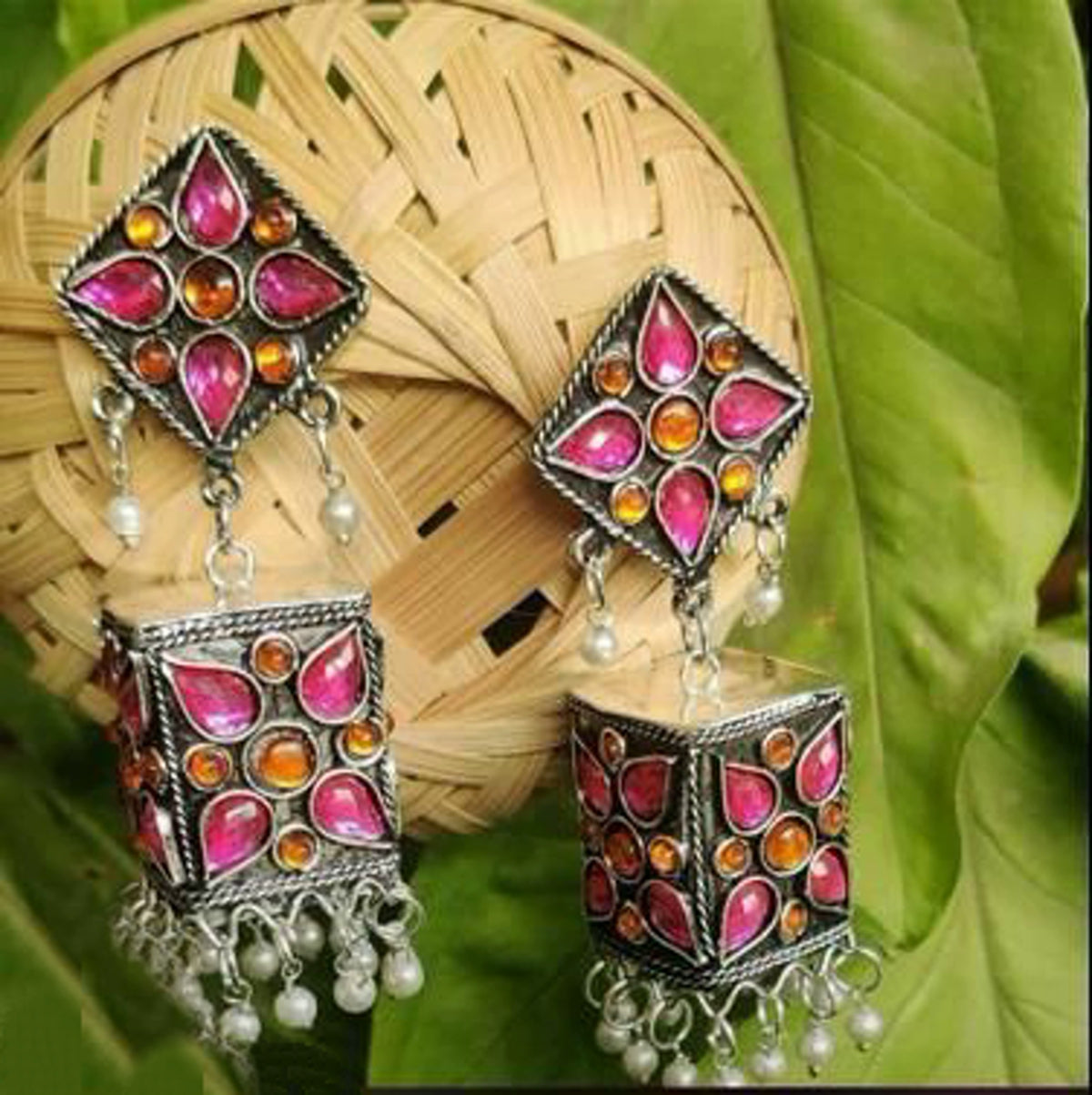 Traditional Oxidized Silver Afghani Style Big Square Jhumkis