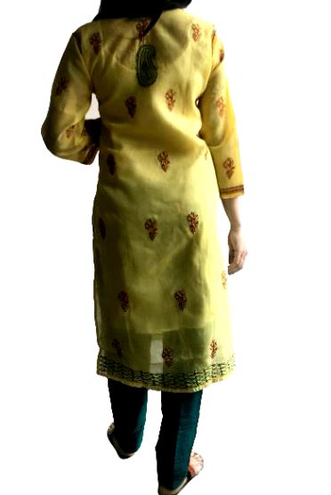 Runjhun Green and Yellow Fully Embroidered Lucknowi Cotton Chickan Kurti
