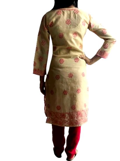 Runjhun Cream Fully Embroidered Lucknowi Cotton Chikan Kurti