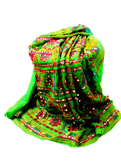 Runjhun Designer Resham Embroidered Cotton Dupatta (Green)