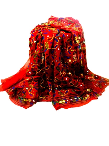 Runjhun Designer Resham Embroidered Cotton Dupatta (Red)