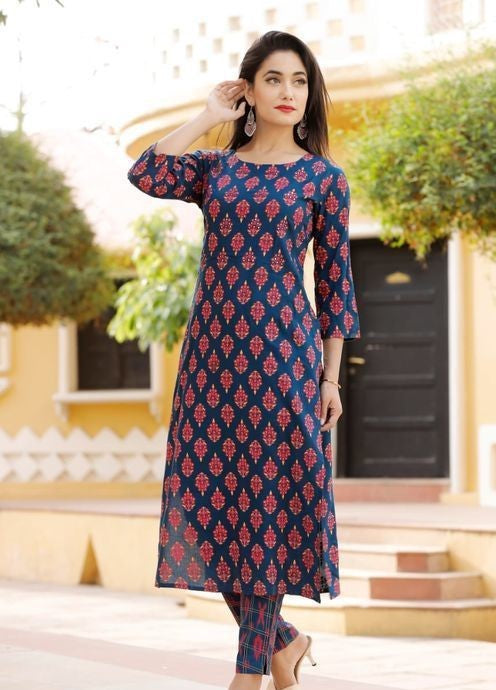 Urban Wardrobe's Women's Blue Printed Kurta Set with Pants